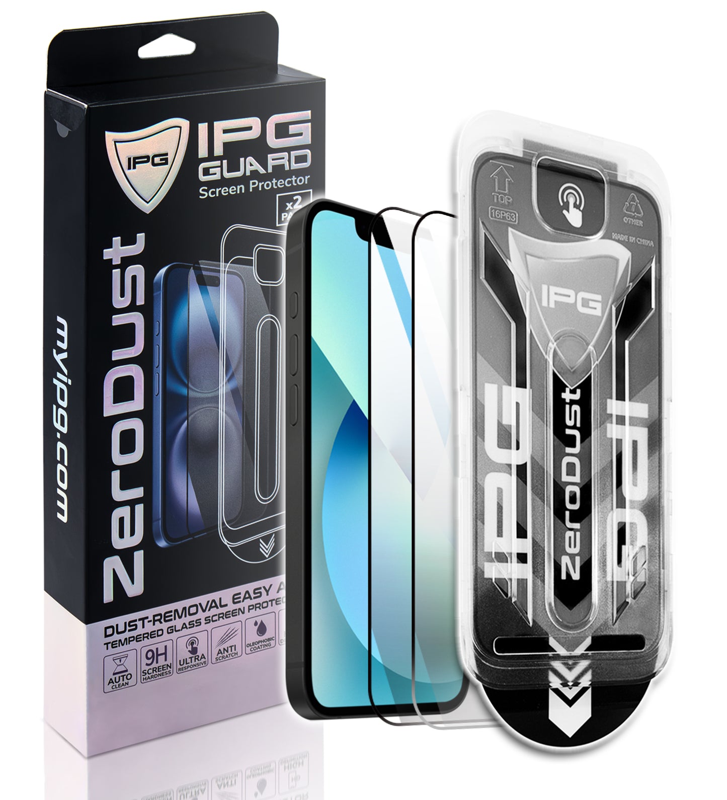 IPG Zero Dust – Auto Dust Removal Tempered Glass for iPhone 13 / 13 Pro / 14, Bubble-Free Easy Install with Fit Tray, 9H Scratch Resistant