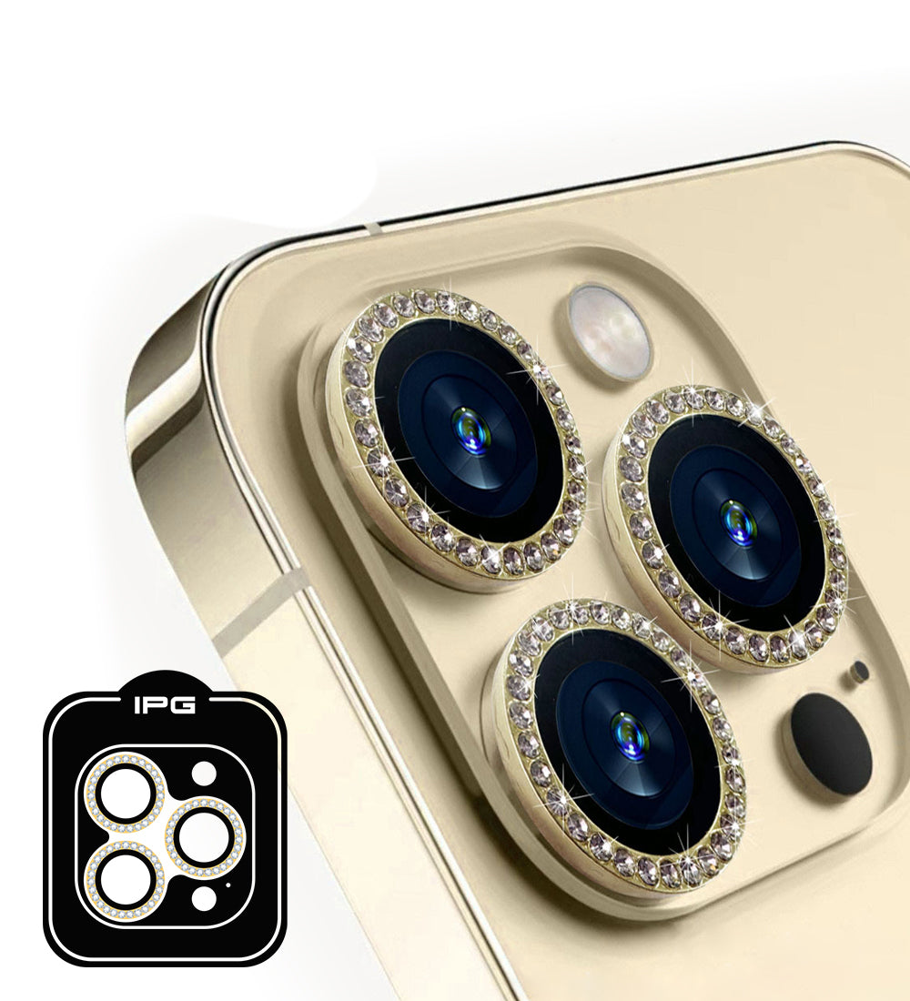 IPG ProLens Apple iPhone 15 Pro - 15 Pro Max için Elmas - Taşlı Kamera Lens Koruyucu (Altın)