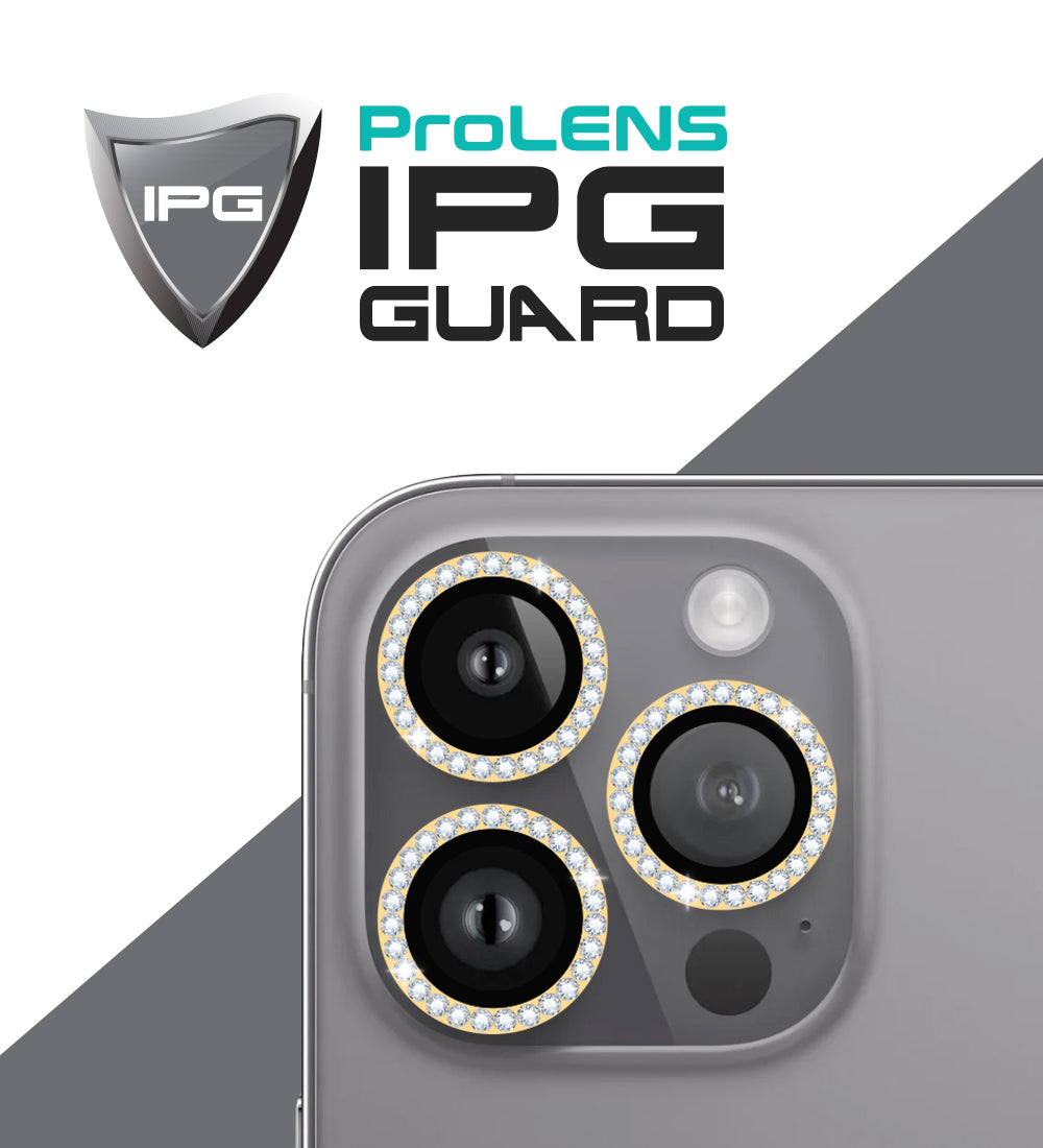 IPG ProLens Apple iPhone 15 Pro - 15 Pro Max için Elmas - Taşlı Kamera Lens Koruyucu (Altın)