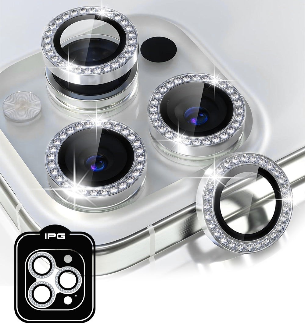 IPG ProLens Apple iPhone 15 Pro - 15 Pro Max için Elmas - Taşlı Kamera Lens Koruyucu (Gümüş)