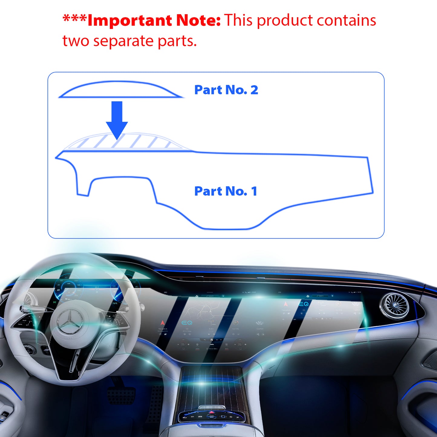 Car interior with a diagram indicating two separate parts labeled 'Part No. 1' and 'Part No. 2'.