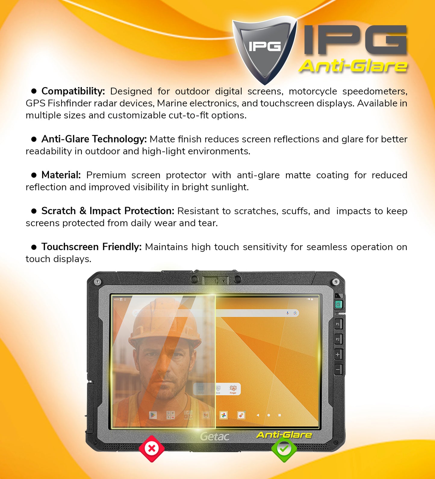 Ipg Anti-Glare for Getac UX10-EX 10.1" inch Industrial Diagnostic Tablet PC Display Anti-Glare Screen Protector