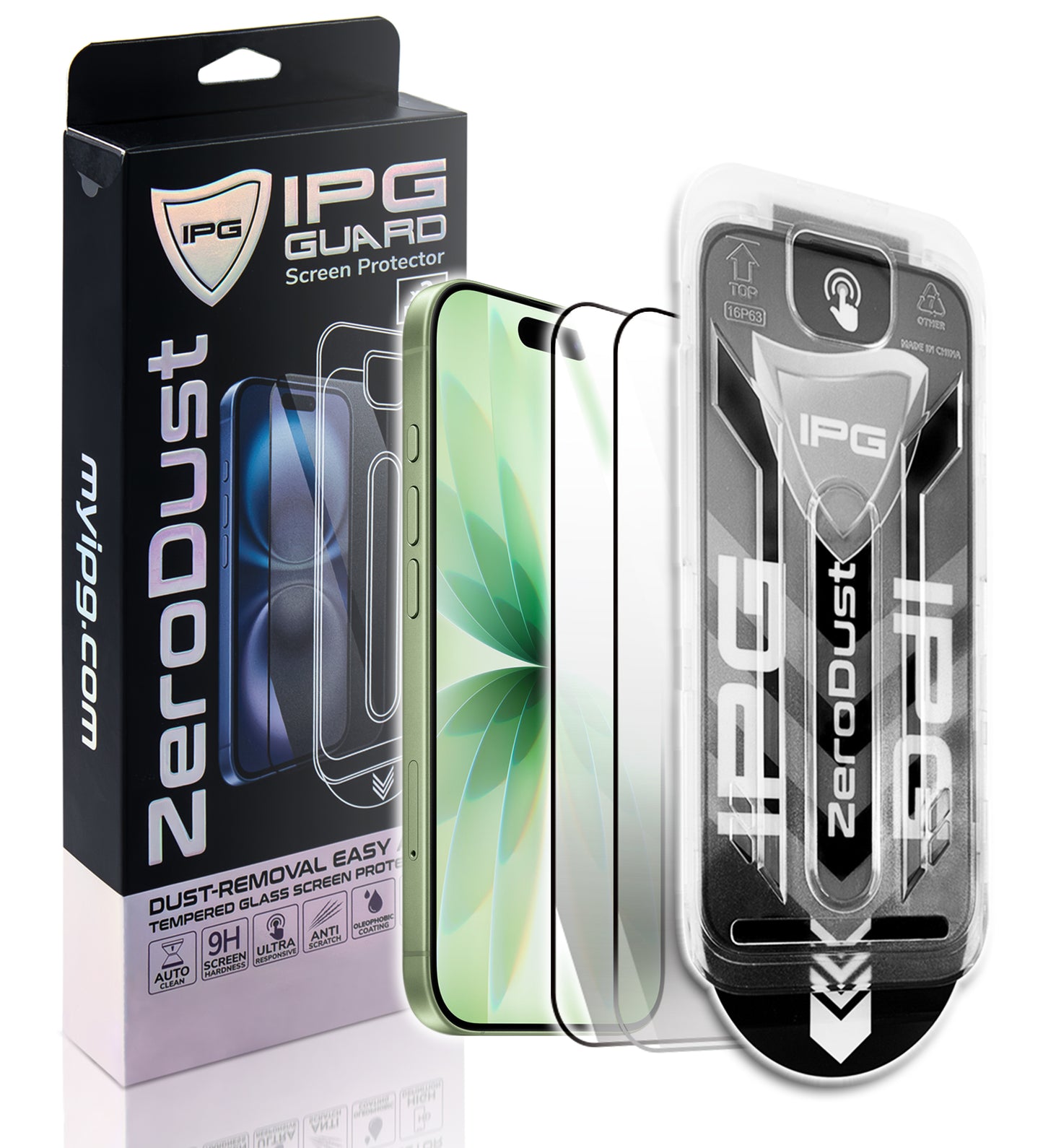 IPG Zero Dust – Auto Dust Removal Tempered Glass for iPhone 17, Bubble-Free Easy Install with Fit Tray, 9H Scratch Resistant