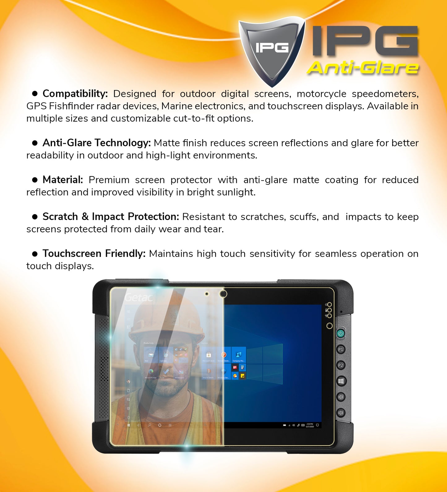 Ipg Anti-Glare for Getac T800 8" inch Industrial Diagnostic Tablet PC Display Anti-Glare Screen Protector