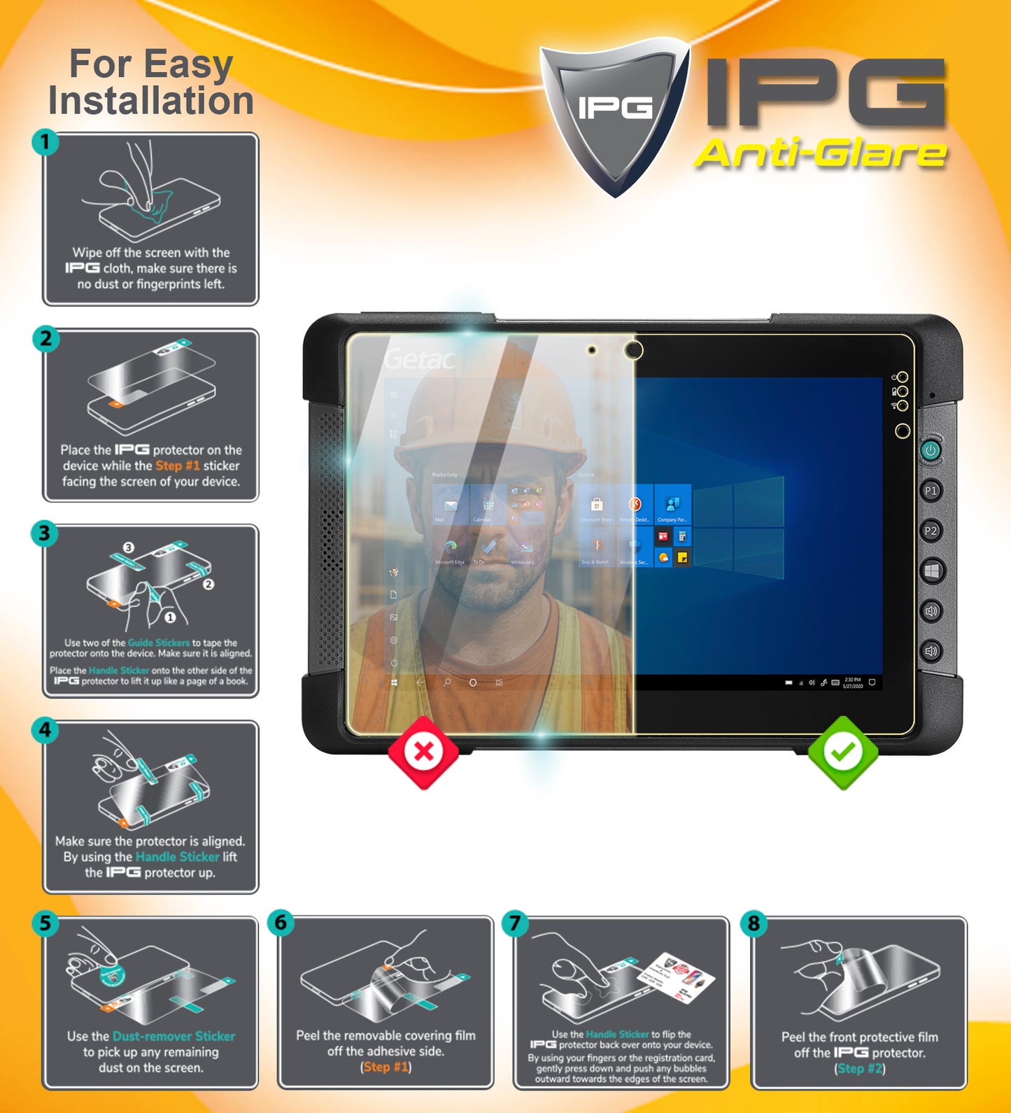 Ipg Anti-Glare for Getac T800 8" inch Industrial Diagnostic Tablet PC Display Anti-Glare Screen Protector
